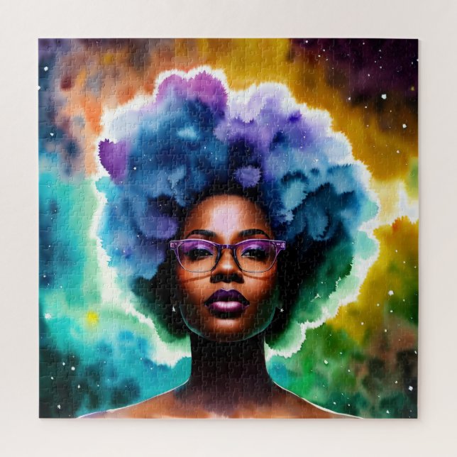Black Woman With Afro Hair In Glasses Galaxy Art Jigsaw Puzzle (Vertical)