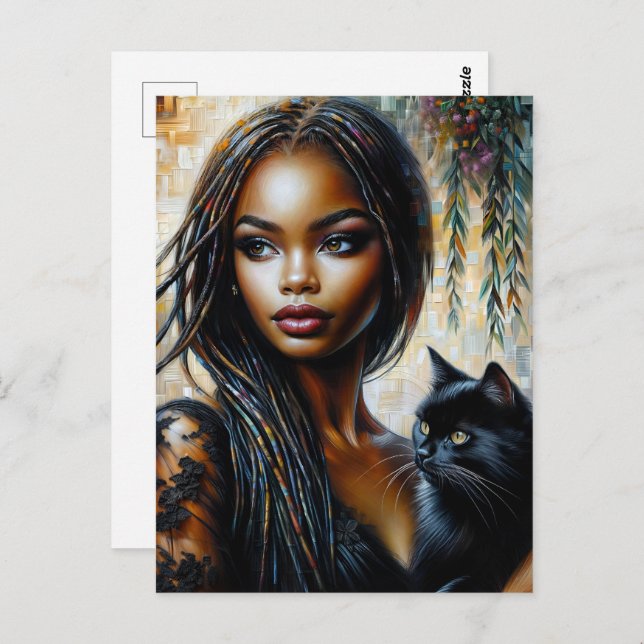 Black Woman With Black Cat Art Postcard (Front/Back)