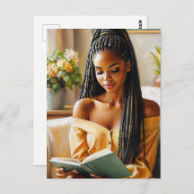 Black Woman With Braided Hair Reading Postcard