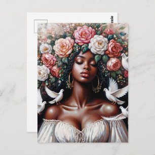 Black Woman With Doves Floral Art Postcard