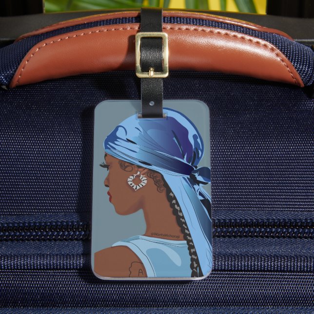 Black woman with durag artwork luggage tag (Front Insitu 2)