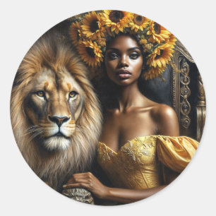 Black Woman With Lion Sunflower Crown Classic Round Sticker