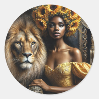 Black Woman With Lion Sunflower Crown Classic Round Sticker
