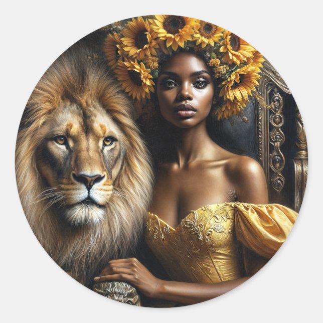 Black Woman With Lion Sunflower Crown Classic Round Sticker (Front)