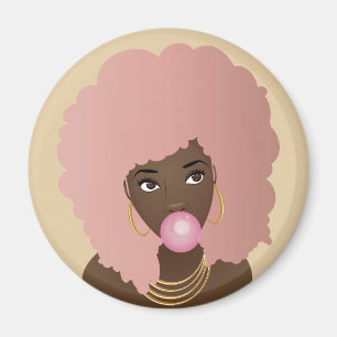 Black Woman with Pink Afro, Popping Pink Bubblegum Magnet