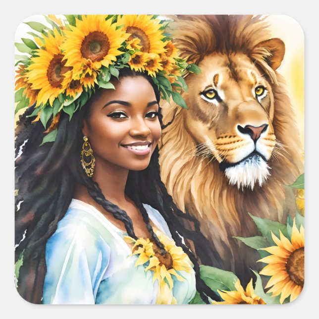 Black Woman With Sunflowers and Lion Square Sticker (Front)