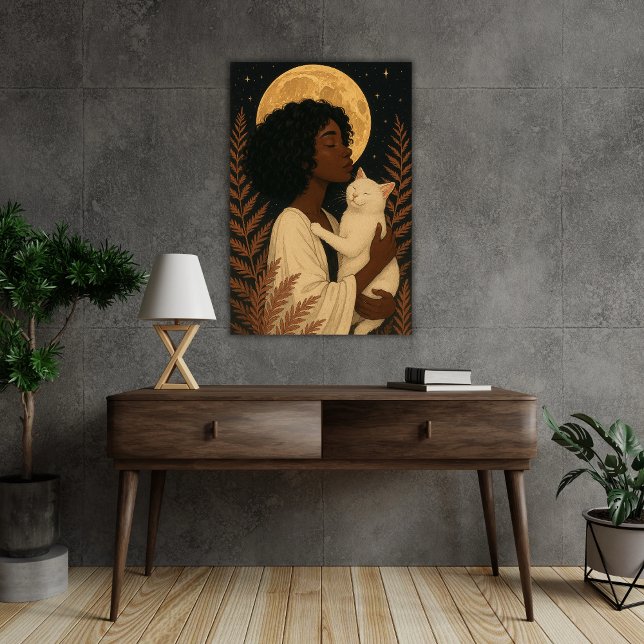 Black Woman with white Cat Under Full Moon Poster (Creator Uploaded)