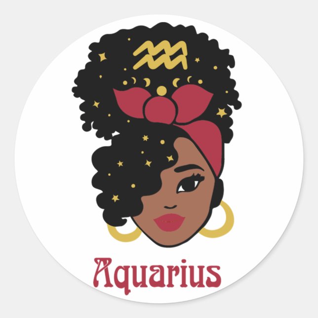 Black Woman Zodiac Aquarius Classic Round Sticker (Front)