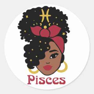 Black Woman Zodiac Pisces Classic Round Sticker