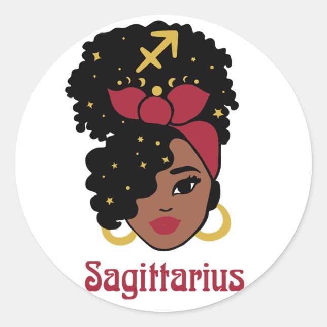 Black Woman Zodiac Sagittarius Classic Round Sticker (Front)