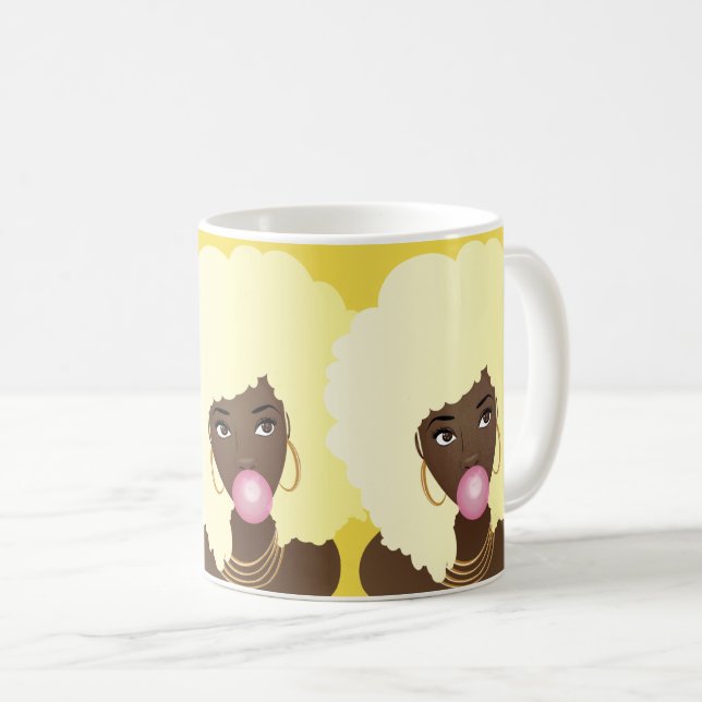 Black Women, Bubblegum, Blonde Afro Art, Yellow Coffee Mug (Front Right)
