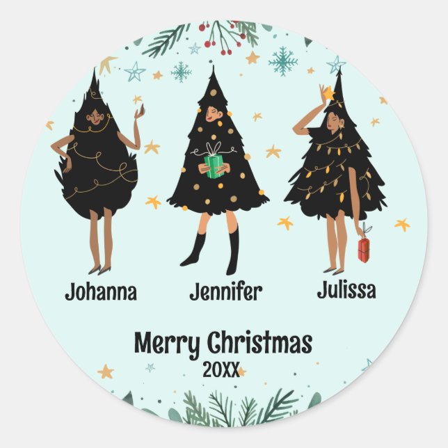 Black Women Dressed in Black Christmas Tree Party Classic Round Sticker (Front)