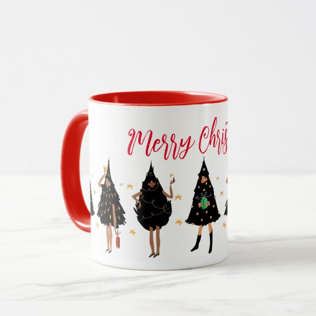 Black Women Dressed in Black Christmas Tree Party Mug (Front Left)