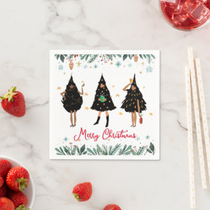 Black Women Dressed in Black Christmas Tree Party Napkin