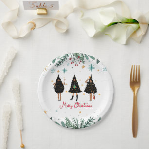 Black Women Dressed in Black Christmas Tree Party Paper Plate