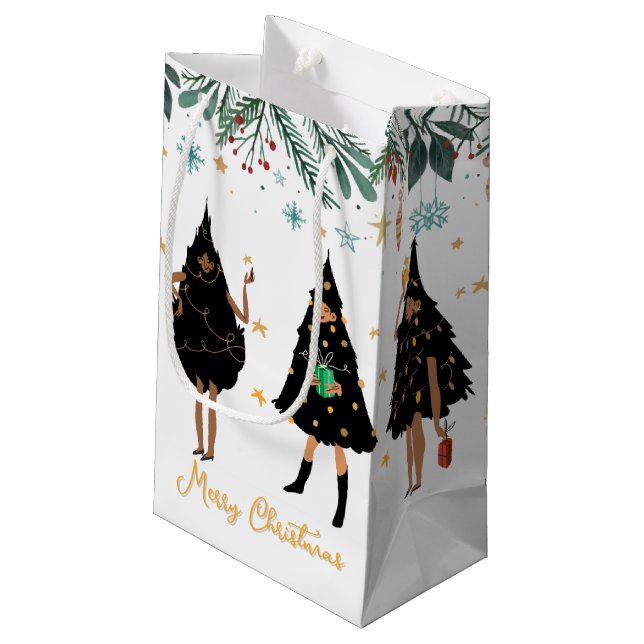 Black Women Dressed in Black Christmas Tree Party Small Gift Bag (Back Angled)