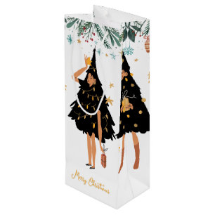 Black Women Dressed in Black Christmas Tree Party Wine Gift Bag