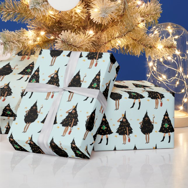 Black Women Dressed in Black Christmas Tree Party Wrapping Paper (Holidays)