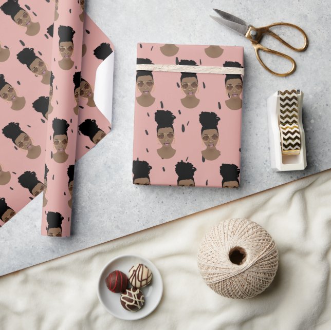 Black Women, Gold Shades, Black Dots, Blush Pink Wrapping Paper (Crafts)