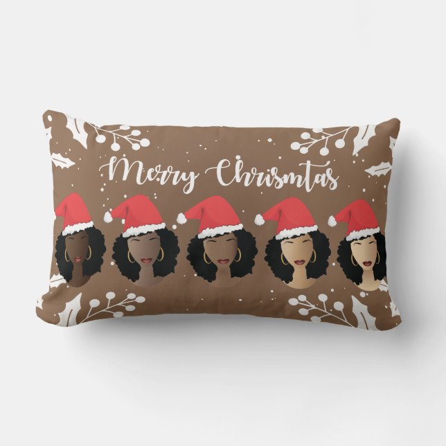 Black Women, Merry Christmas Santa Hats, Brown Lumbar Cushion (Front)