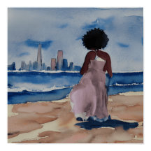 BLACK WOMEN ON BEACH WITH SAN FRANCISCO SKYLINE 