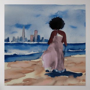 BLACK WOMEN ON BEACH WITH SAN FRANCISCO SKYLINE  POSTER