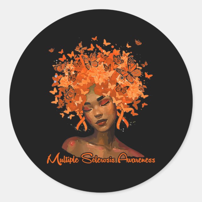 Black Women Queen Orange Ribbon Multiple Sclerosis Classic Round Sticker (Front)