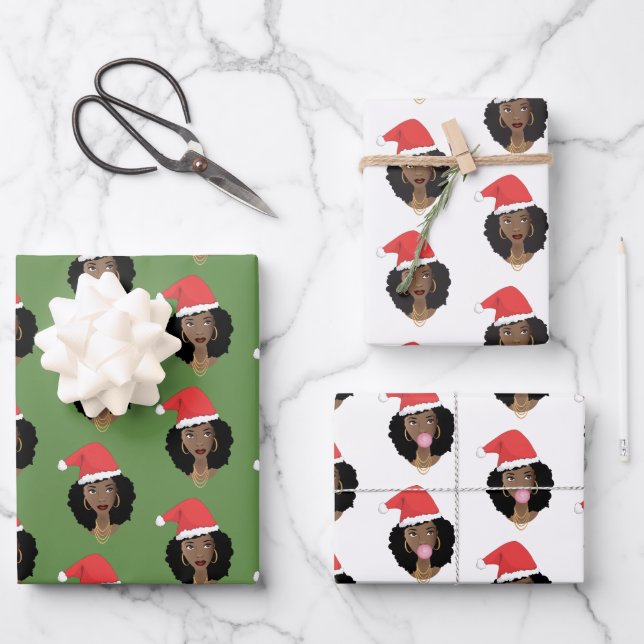 Black Women, Red Santa Hat, Gum, Merry Christmas Wrapping Paper Sheet (Front)