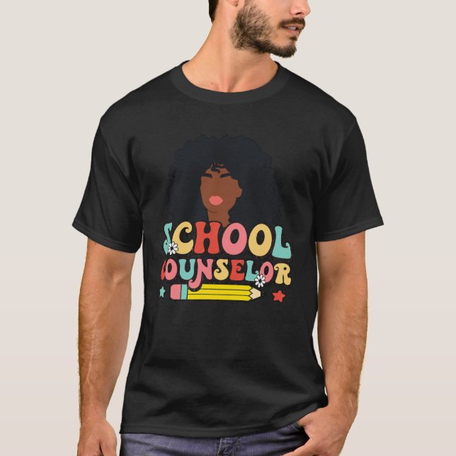 Black Women School Counselor Groovy Retro Afro Tea T-Shirt (Front)