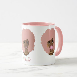 Black Women w/Pink Afro, Bubblegum & Flower Family Mug