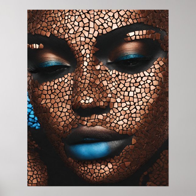 Black Womens Blue Copper Mosaic Face Wall Art  (Front)