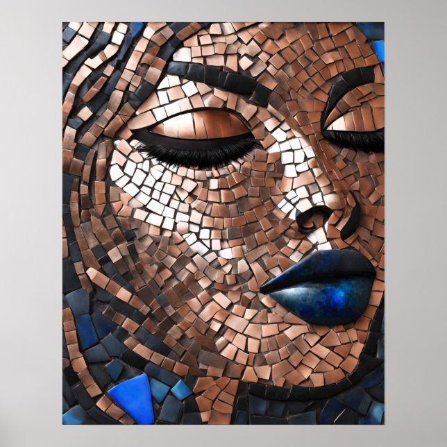 Black Womens Blue Copper Mosaic Face Wall Art (Front)