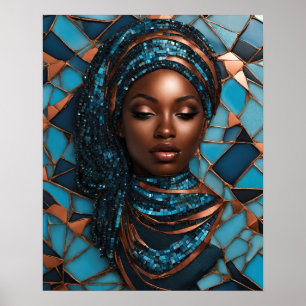 Black Womens Blue Copper Mosaic Face Wall Art