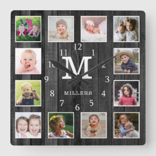 Black Wood 12 Photo Collage Family Name Monogram  Square Wall Clock