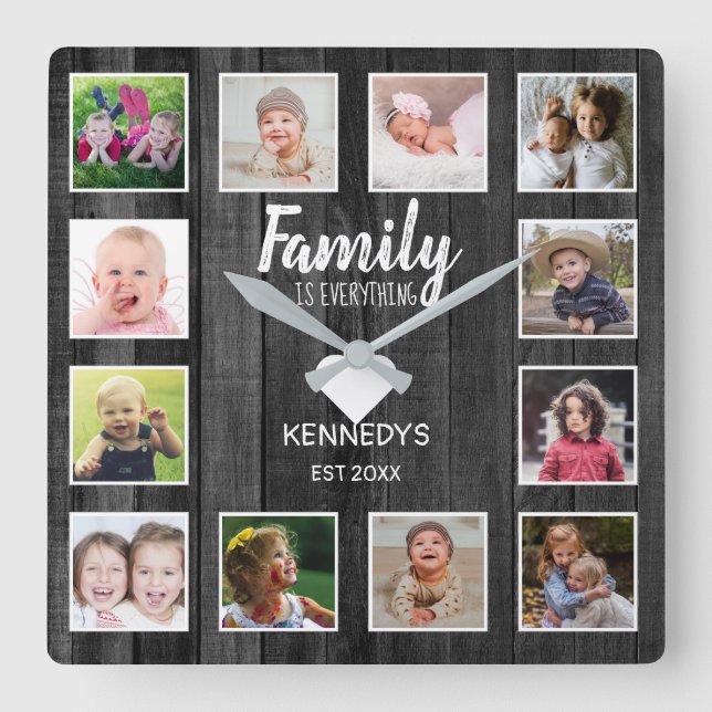 Black Wood 12 Photo Collage Family Quote Square Wall Clock (Front)