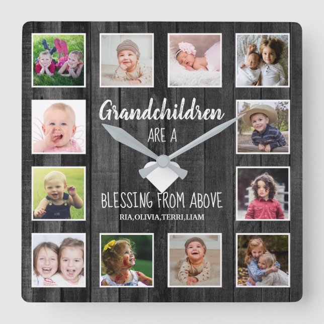 Black Wood 12 Photo Collage Grandchildren Quote Square Wall Clock (Front)