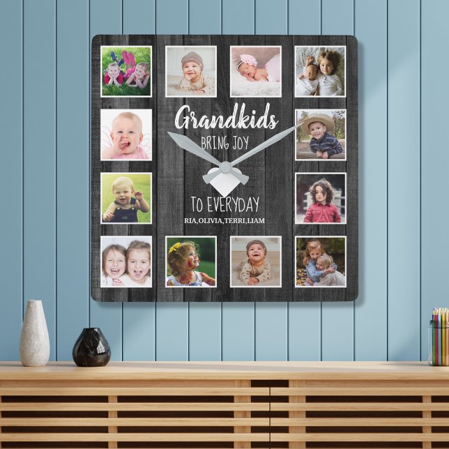 Black Wood 12 Photo Collage Grandkids Quote Square Wall Clock (Creator Uploaded)