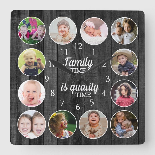 Black Wood 12 Photo Frame Family Time Quote Square Wall Clock (Front)