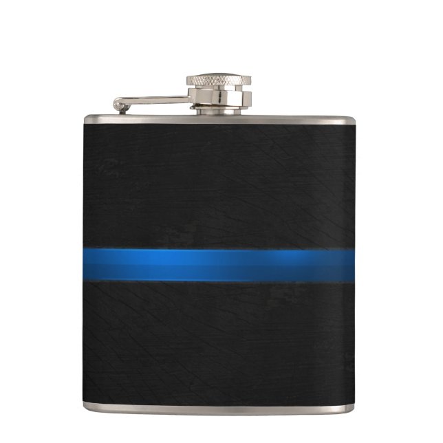 Black Wood Appearance Thin Blue Line Hip Flask (Front)