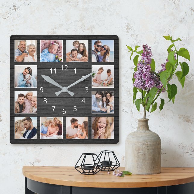 Black Wood Custom Photo Collage Elegant Square Wall Clock (Creator Uploaded)