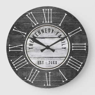Black Wood Family Name Farmhouse Roman Numeral Large Clock