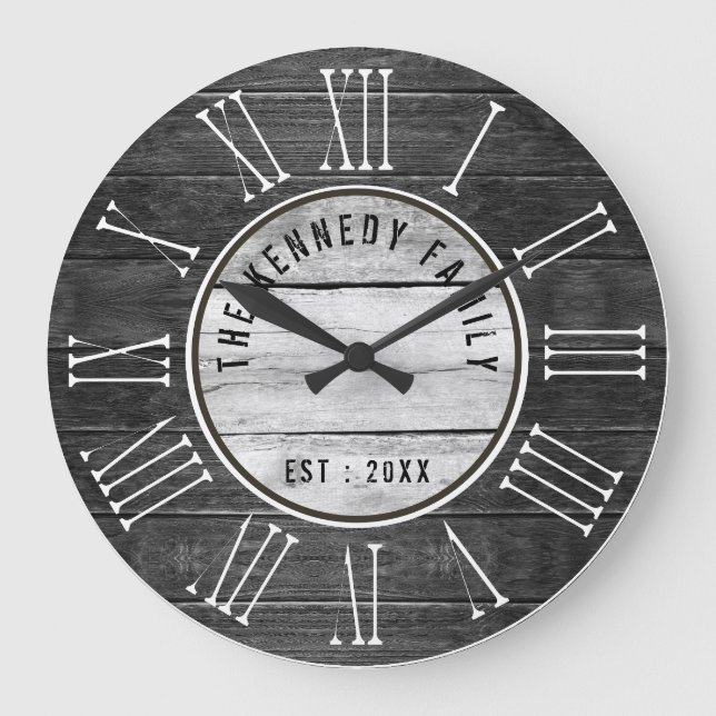 Black Wood Family Name Farmhouse Roman Numeral   Large Clock (Front)