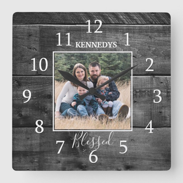 Black Wood Family Name Photo Blessed Farmhouse Square Wall Clock (Front)