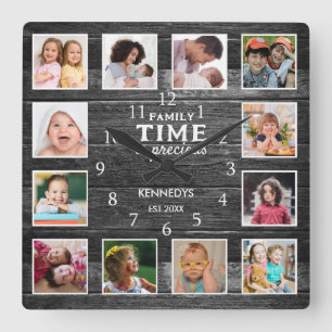 Black Wood Farmhouse Family Time Quote 12 Photo Square Wall Clock