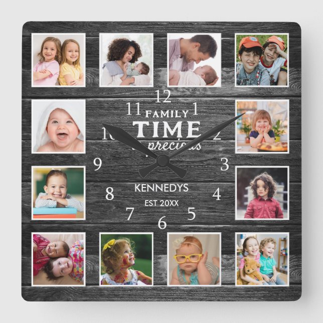 Black Wood Farmhouse Family Time Quote 12 Photo Square Wall Clock (Front)
