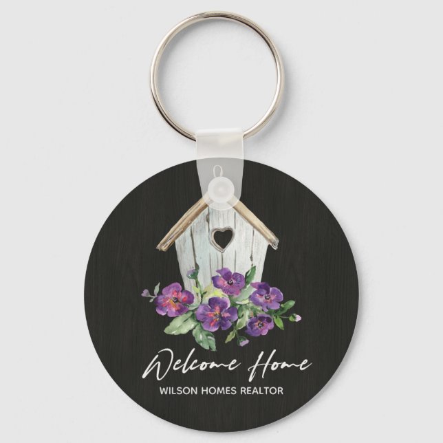 BLACK WOOD FLORAL BIRDHOUSE REAL WELCOME NEW HOME KEY RING (Front)