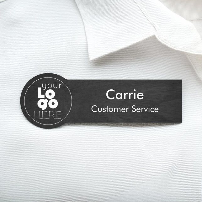 Black Wood Grain Business Logo Employee Name Tag (Creator Uploaded)