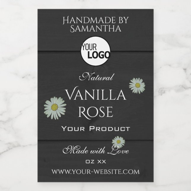 Black Wood Grain Product Labels Floral Daisy Logo  (Single Label)