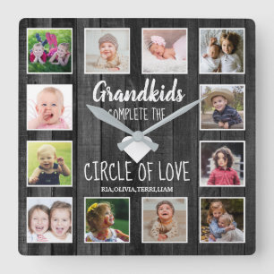 Black Wood Grandkids Quote 12 Photo Collage  Square Wall Clock