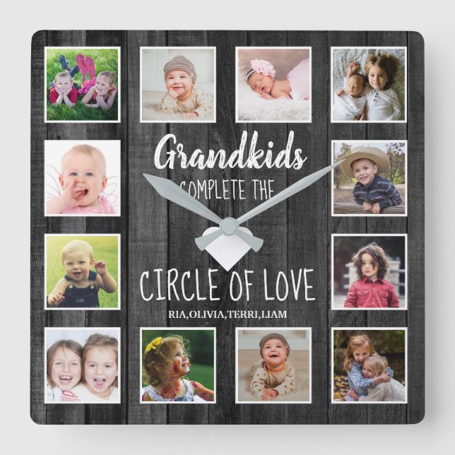Black Wood Grandkids Quote 12 Photo Collage  Square Wall Clock (Front)